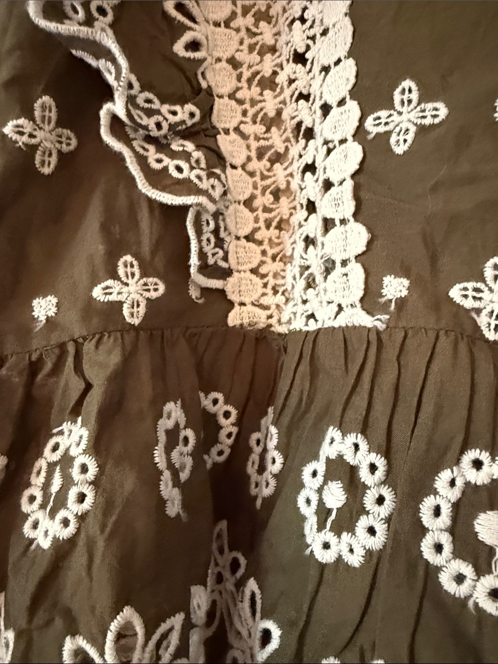 Jennifer & Grace Embroidered Olive Peplum Blouse with White Lace Trim - Picture 3 of 4